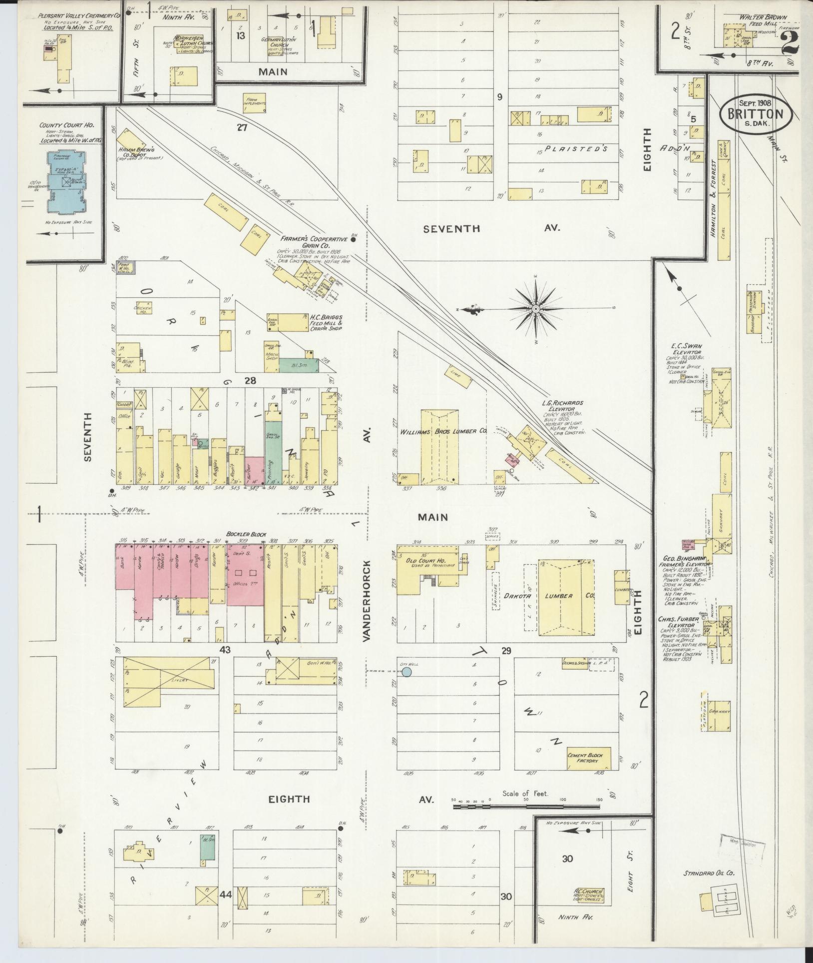 Sanborn Fire Insurance Map from Britton, Marshall County, South Dakota (1908), Sheet #0002 - Complete Map Set gallery image, historic Sanborn map, vintage wall art, South Dakota South Dakota
