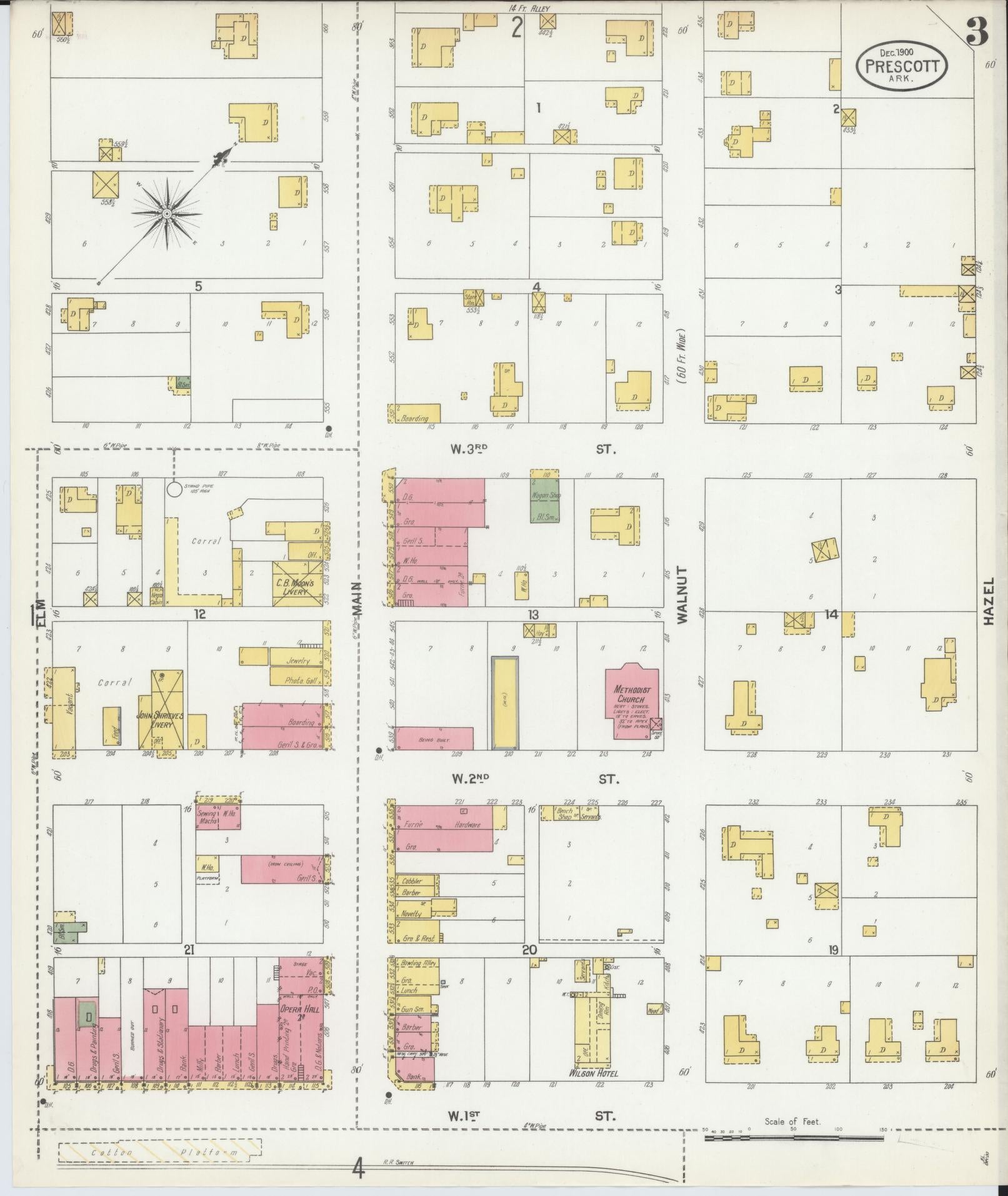 Sanborn Fire Insurance Map from Prescott, Nevada County, Arkansas (1900), Sheet #0003 - Complete Map Set gallery image, historic Sanborn map, vintage wall art, Prescott Nevada