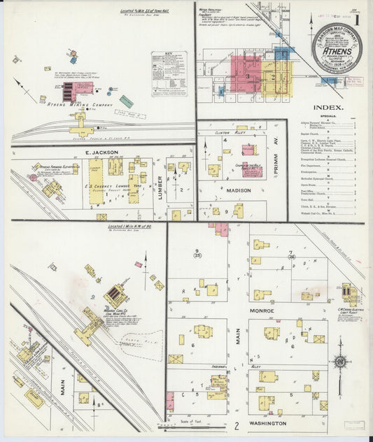Sanborn Fire Insurance Map from Athens, Menard County, Illinois (1909), Sheet #0001 - Historic Sanborn Fire Insurance Map Print, vintage old map wall art, antique decor, genealogy gift, Illinois Illinois map