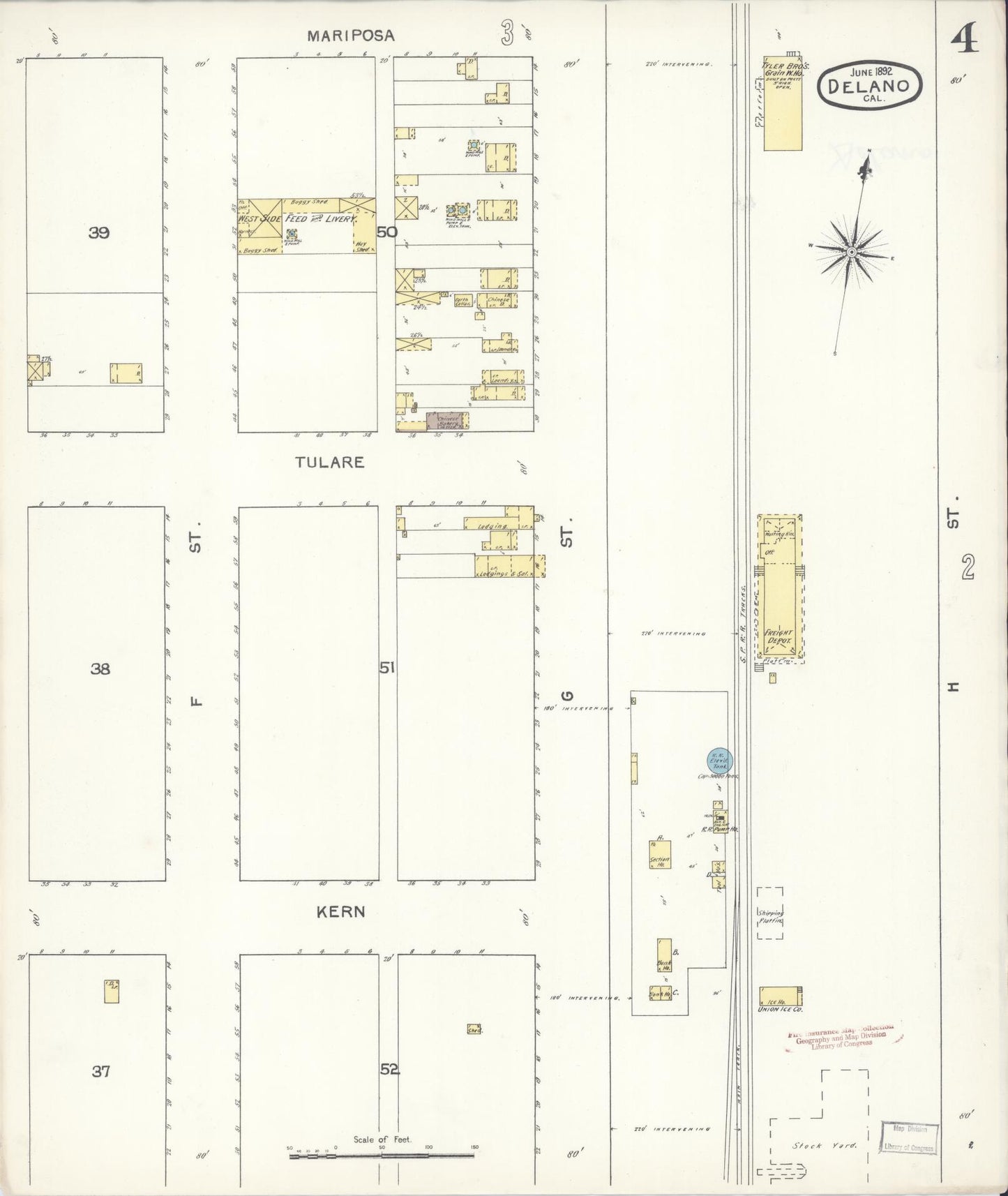 Sanborn Fire Insurance Map from Delano, Kern County, California (1892), Sheet #0004 - Historic Sanborn Fire Insurance Map Print, vintage old map wall art, antique decor, genealogy gift, California California map