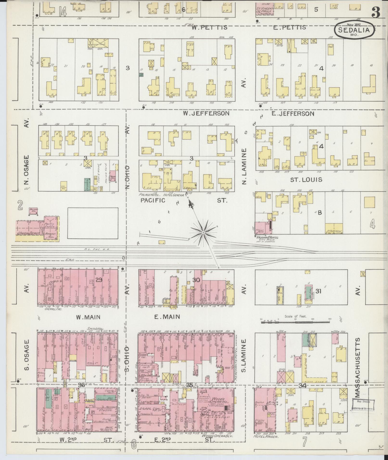 Sanborn Fire Insurance Map from Sedalia, Pettis County, Missouri (1892), Sheet #0003 - Complete Map Set gallery image, historic Sanborn map, vintage wall art, Missouri Missouri