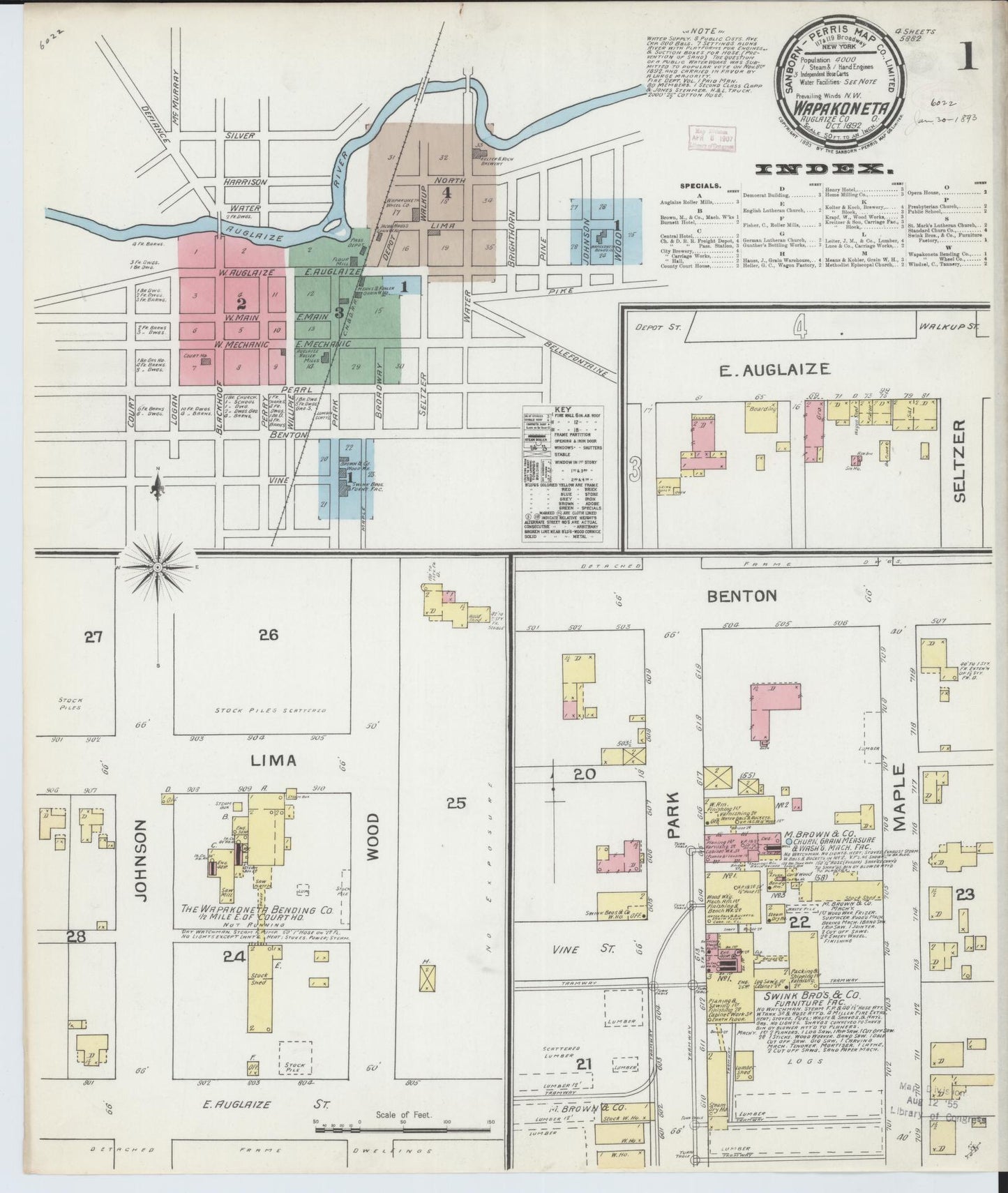 Sanborn Fire Insurance Map from Wapakoneta, Auglaize County, Ohio (1892), Sheet #0001 - Complete Map Set gallery image, historic Sanborn map, vintage wall art, Ohio Ohio