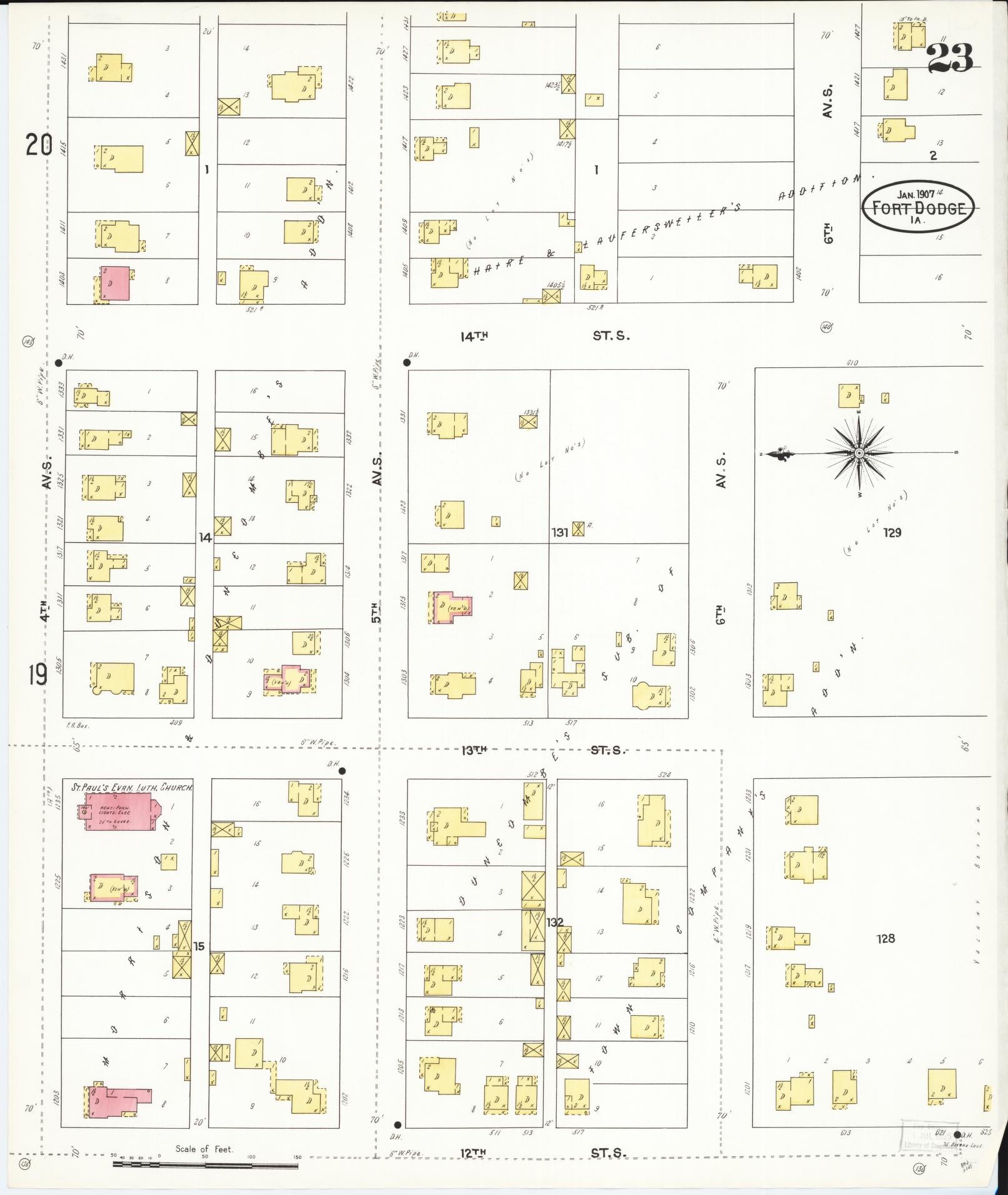 Sanborn Fire Insurance Map from Fort Dodge, Webster County, Iowa (1907), Sheet #0023 - Historic Sanborn Fire Insurance Map Print, vintage old map wall art