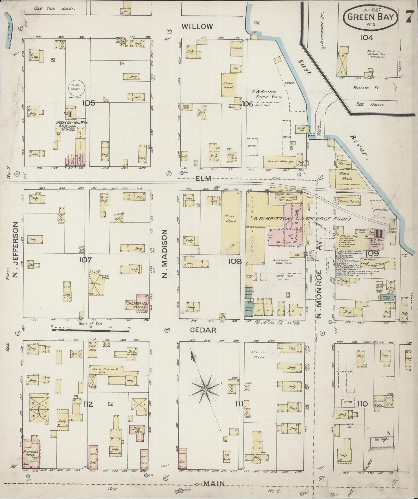 Sanborn Fire Insurance Map from Green Bay, Brown County, Wisconsin (1887), Sheet #0007 - Historic Sanborn Fire Insurance Map Print, vintage old map wall art, antique decor, genealogy gift, Wisconsin Wisconsin map