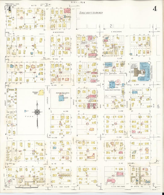 Sanborn Fire Insurance Map from Russell, Russell County, Kansas (1942), Sheet #0004 - Historic Sanborn Fire Insurance Map Print, vintage old map wall art, antique decor, genealogy gift, Kansas Kansas map