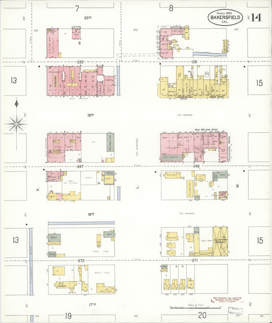 Sanborn Fire Insurance Map from Bakersfield, Kern County, California (1905), Sheet #0014 - Historic Sanborn Fire Insurance Map Print, vintage old map wall art, antique decor, genealogy gift, California California map