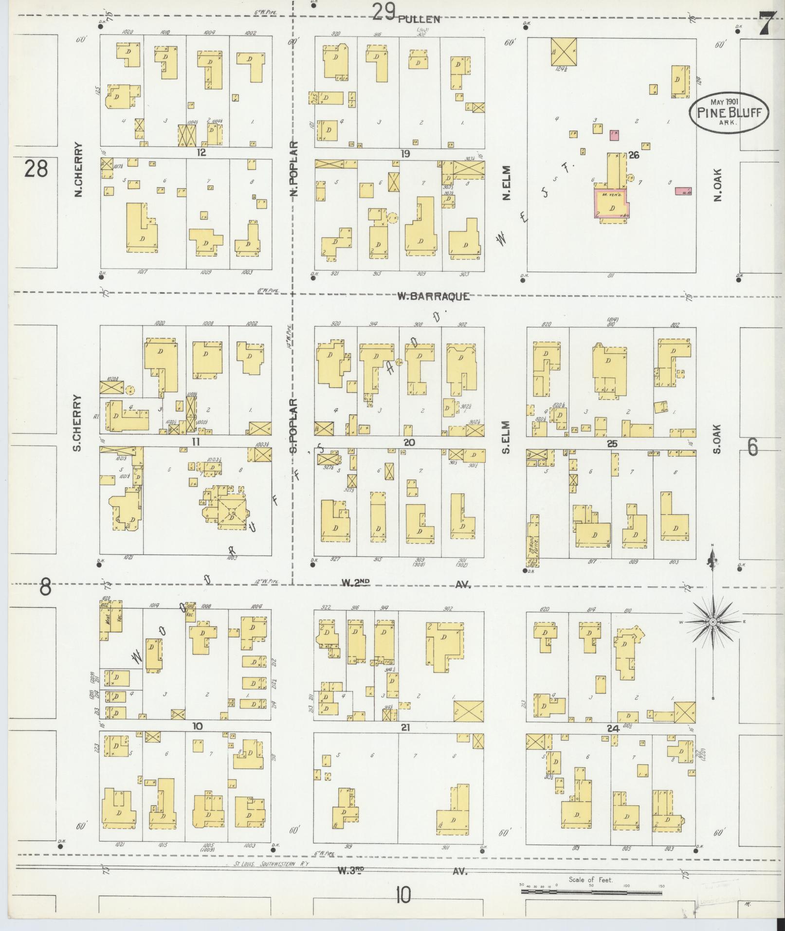 Sanborn Fire Insurance Map from Pine Bluff, Jefferson County, Arkansas (1901), Sheet #0007 - Historic Sanborn Fire Insurance Map Print, vintage old map wall art, antique decor, genealogy gift, Arkansas Arkansas map
