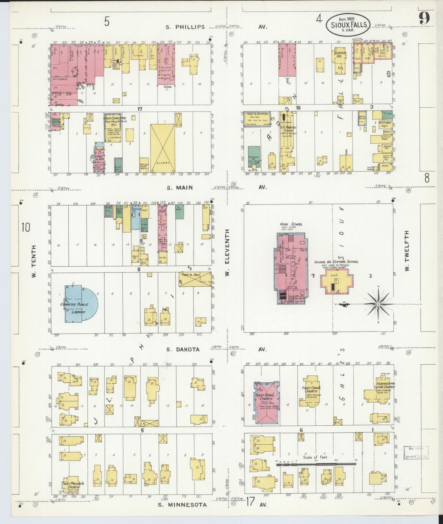 Sanborn Fire Insurance Map from Sioux Falls, Minnehaha County, South Dakota (1908), Sheet #0009 - Complete Map Set gallery image, historic Sanborn map, vintage wall art, South Dakota South Dakota