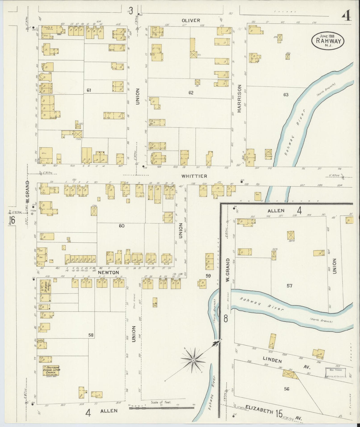 Sanborn Fire Insurance Map from Rahway, Union County, New Jersey (1908), Sheet #0004 - Complete Map Set gallery image, historic Sanborn map, vintage wall art, New Jersey New Jersey
