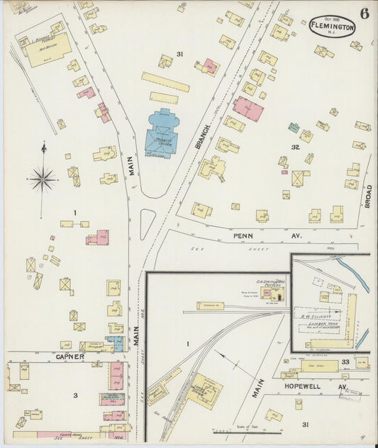 Sanborn Fire Insurance Map from Flemington, Hunterdon County, New Jersey (1890), Sheet #0006 - Historic Sanborn Fire Insurance Map Print, vintage old map wall art, antique decor, genealogy gift, New Jersey New Jersey map