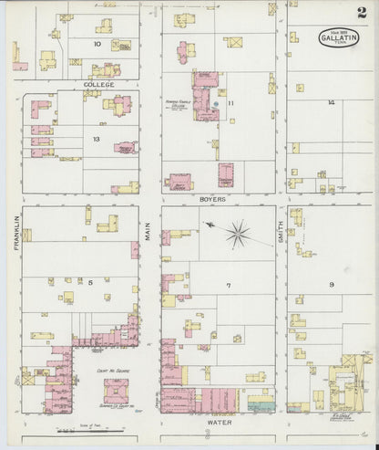 Sanborn Fire Insurance Map from Gallatin, Sumner County, Tennessee (1893), Sheet #0002 - Complete Map Set gallery image, historic Sanborn map, vintage wall art, Tennessee Tennessee