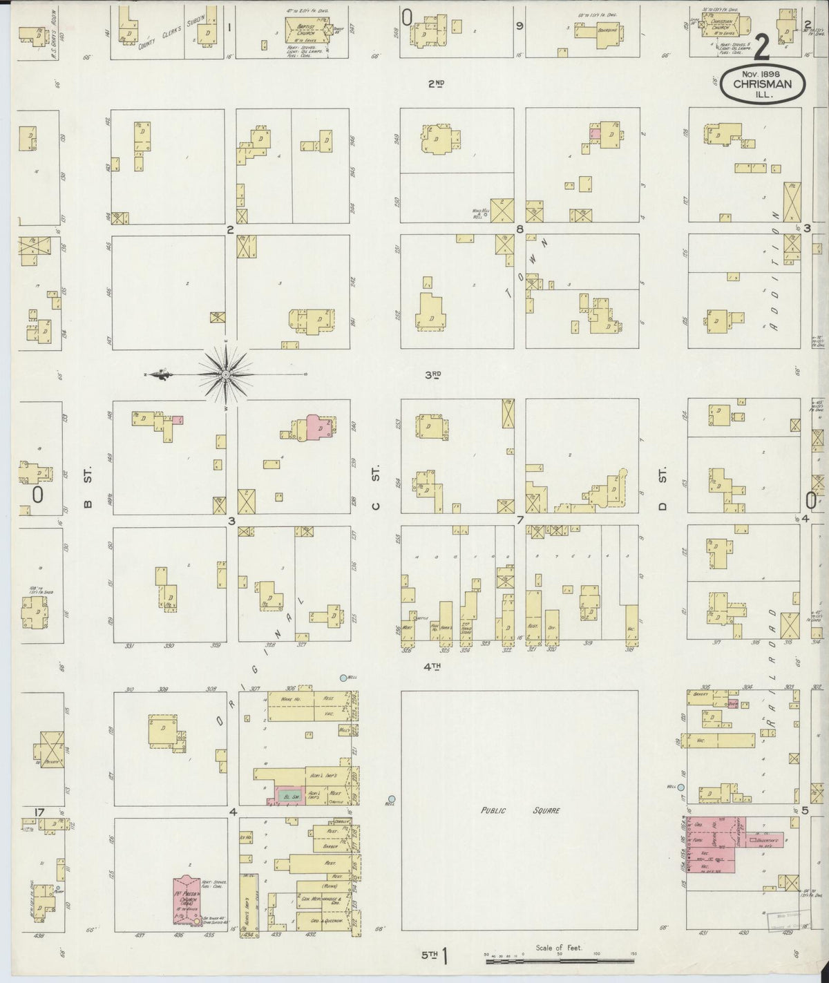 Sanborn Fire Insurance Map from Chrisman, Edgar County, Illinois (1898), Sheet #0002 - Complete Map Set gallery image, historic Sanborn map, vintage wall art, Illinois Illinois