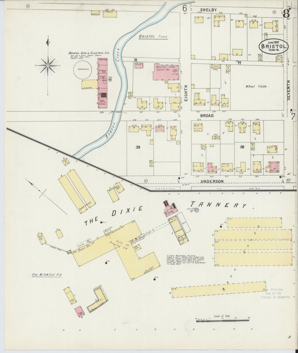 Sanborn Fire Insurance Map from Bristol, Sullivan County, Tennessee (1898), Sheet #0008 - Historic Sanborn Fire Insurance Map Print, vintage old map wall art, antique decor, genealogy gift, Tennessee Tennessee map
