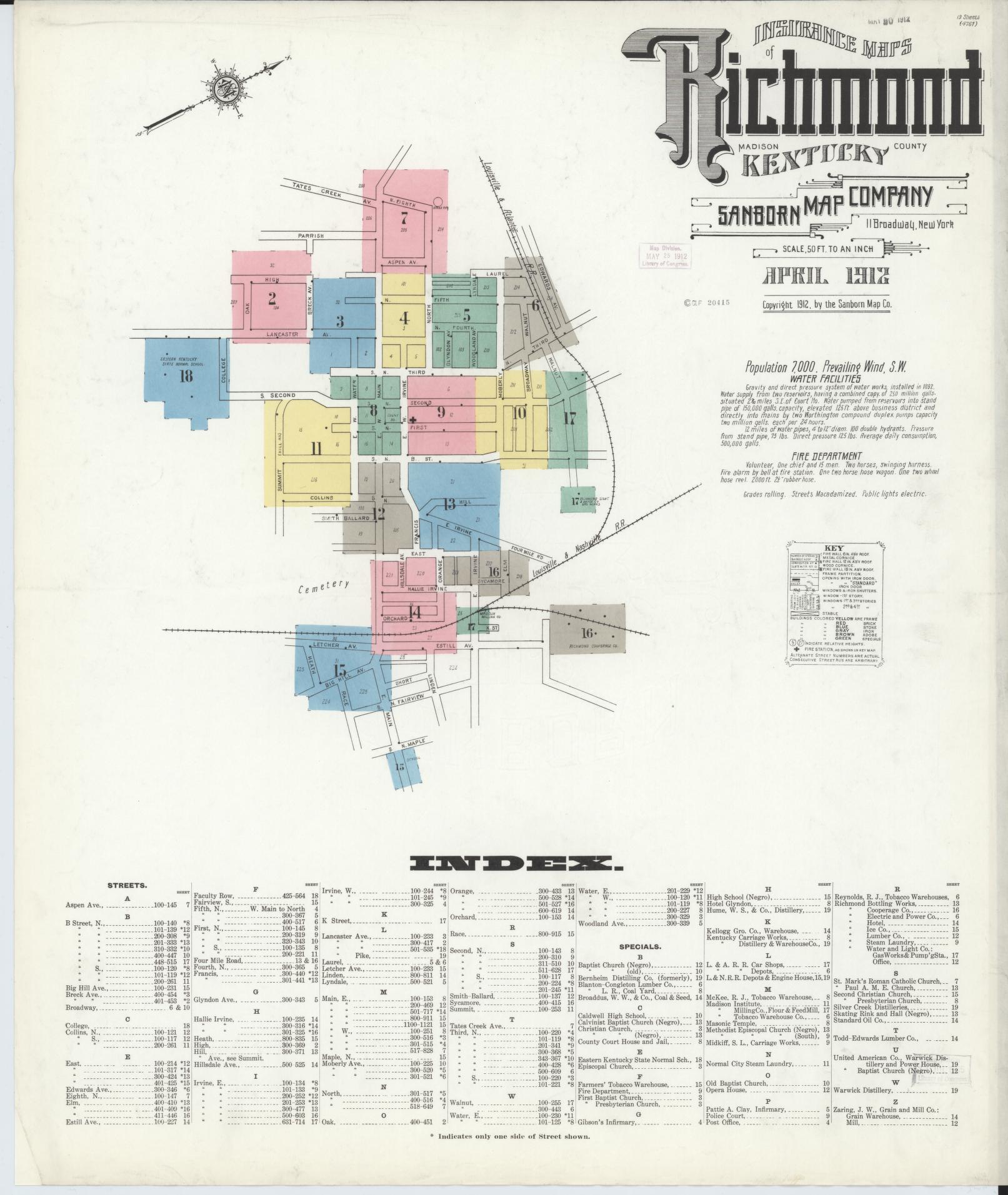 Sanborn Fire Insurance Map from Richmond, Madison County, Kentucky (1912), Sheet #0001 - Complete Map Set gallery image, historic Sanborn map, vintage wall art, Kentucky Kentucky