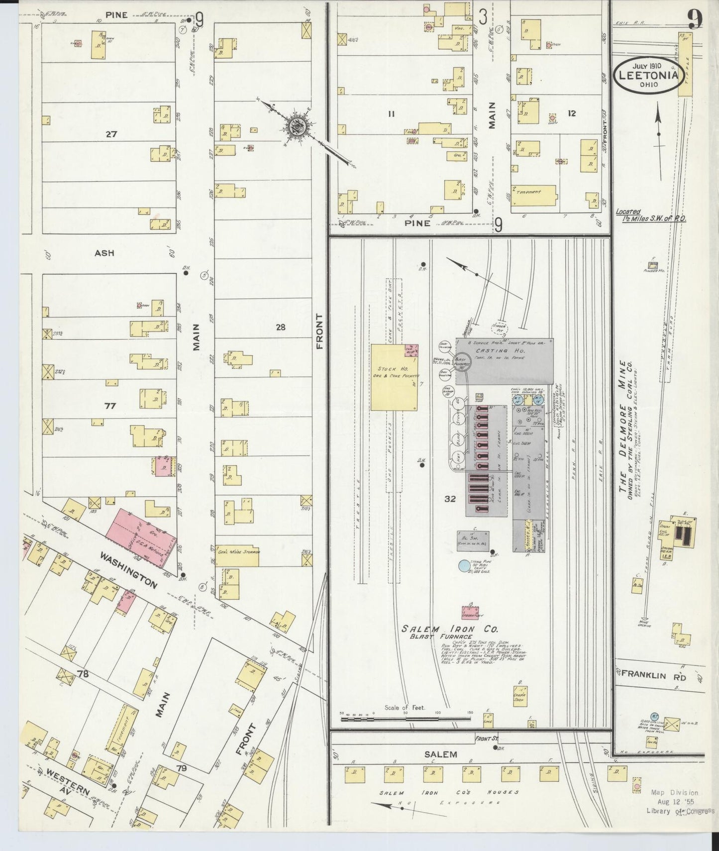 Sanborn Fire Insurance Map from Leetonia, Columbiana County, Ohio (1910), Sheet #0009 - Historic Sanborn Fire Insurance Map Print, vintage old map wall art, antique decor, genealogy gift, Ohio Ohio map