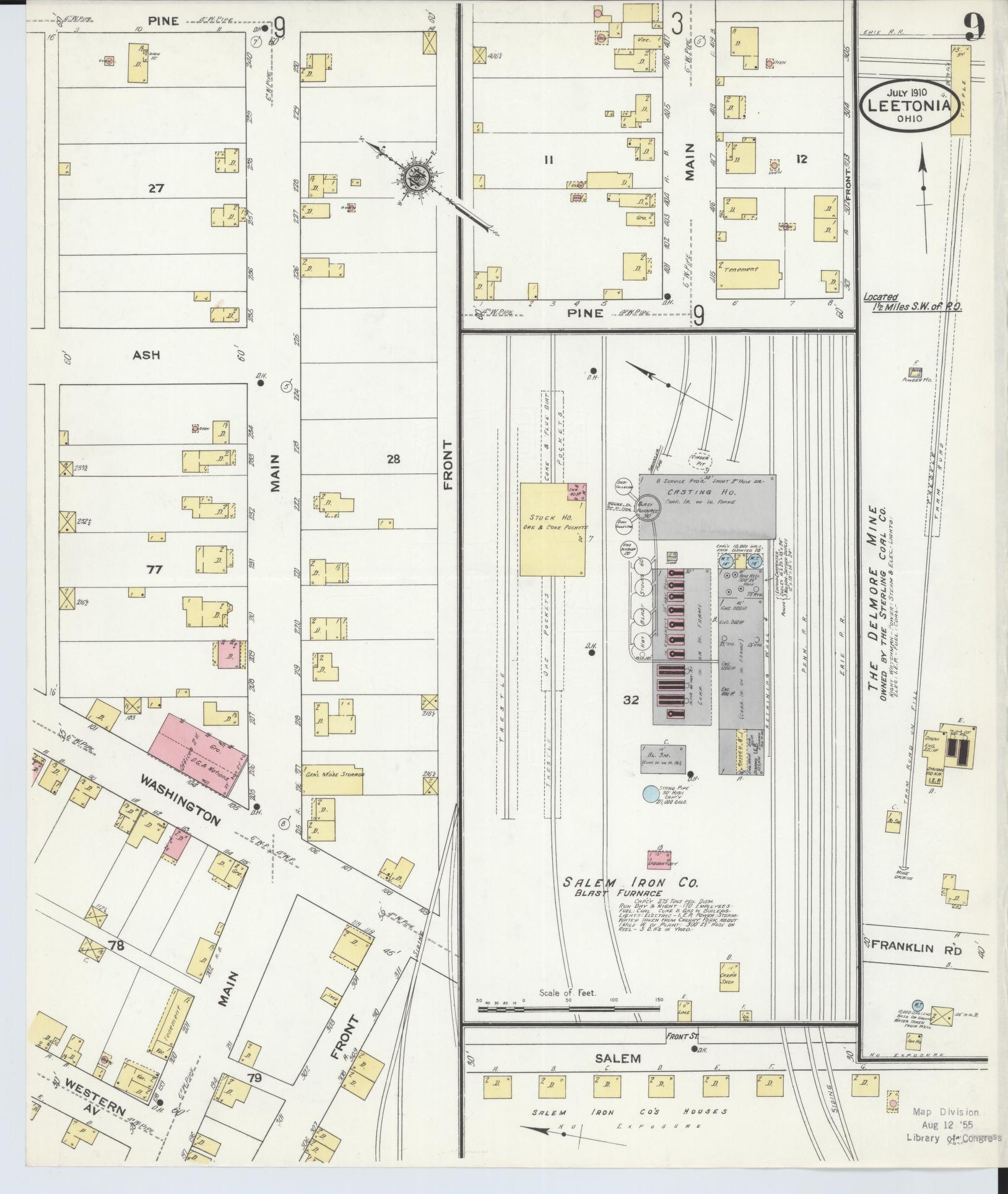 Sanborn Fire Insurance Map from Leetonia, Columbiana County, Ohio (1910), Sheet #0009 - Historic Sanborn Fire Insurance Map Print, vintage old map wall art, antique decor, genealogy gift, Ohio Ohio map