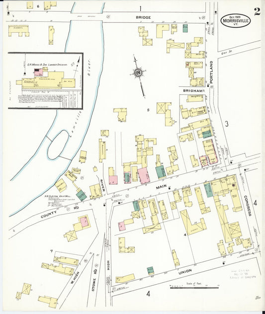 Sanborn Fire Insurance Map from Morrisville, Lamoille County, Vermont (1909), Sheet #0002 - Historic Sanborn Fire Insurance Map Print, vintage old map wall art, antique decor, genealogy gift, Vermont Vermont map