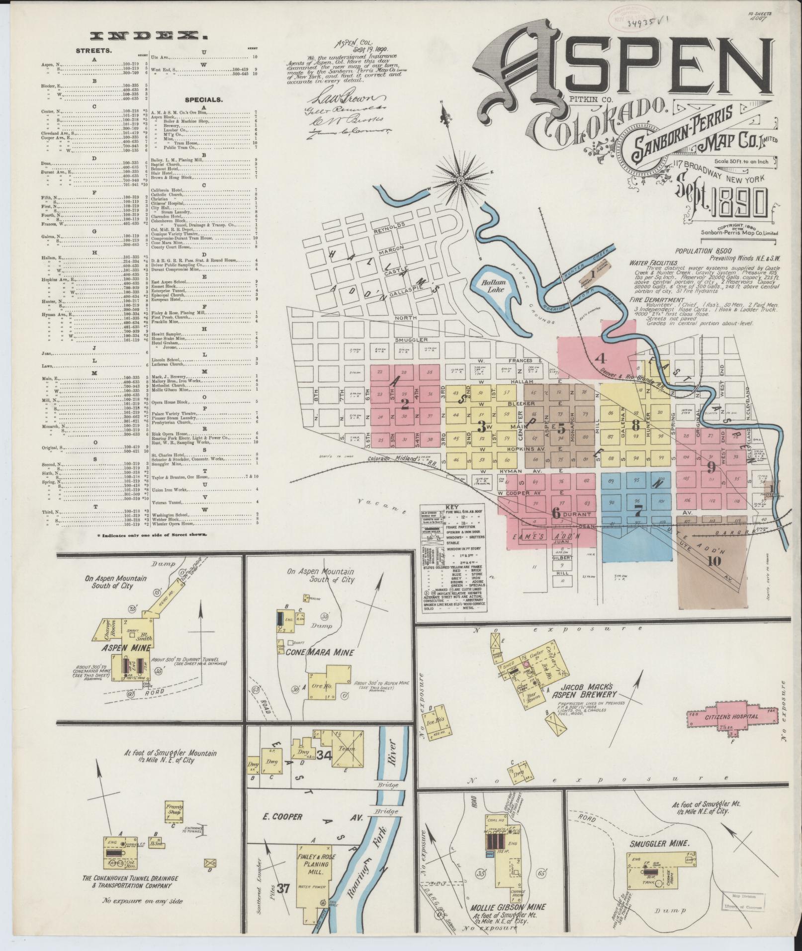 Sanborn Fire Insurance Map from Aspen, Pitkin County, Colorado (1890), Sheet #0001 - Complete Map Set gallery image, historic Sanborn map, vintage wall art, Colorado Colorado