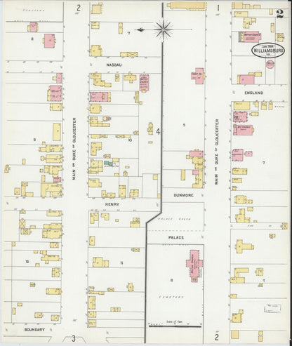 Sanborn Fire Insurance Map from Williamsburg, Independent Cities, Virginia (1904), Sheet #0002 - Historic Sanborn Fire Insurance Map Print, vintage old map wall art, antique decor, genealogy gift, Virginia Virginia map