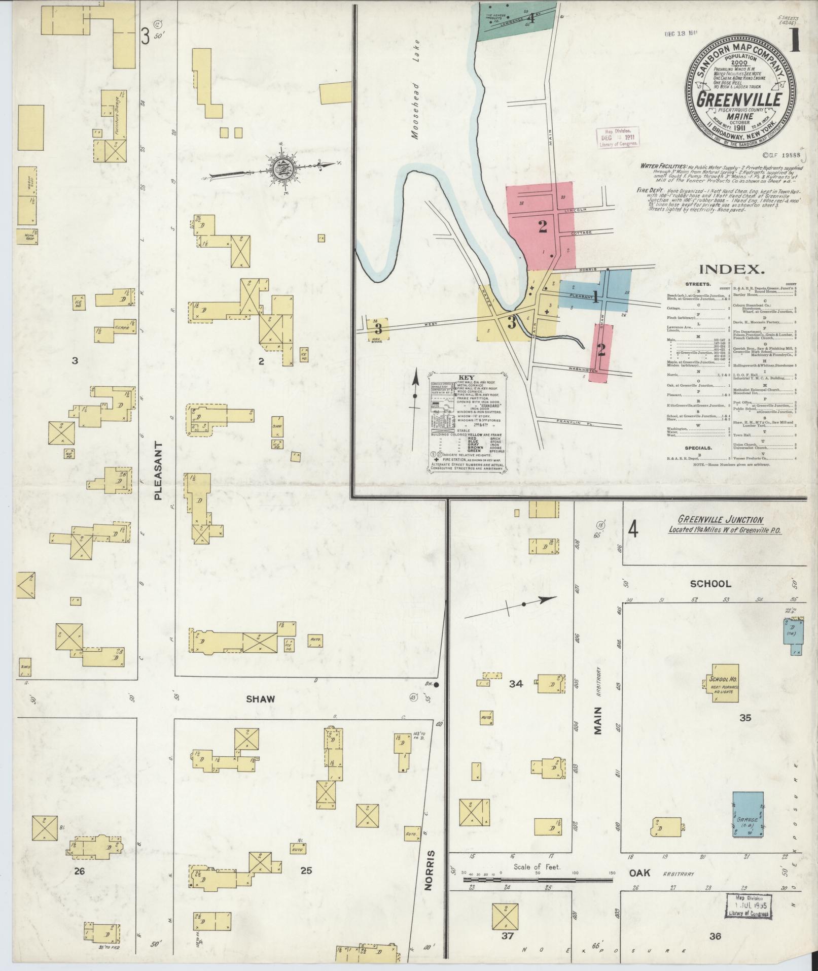 Sanborn Fire Insurance Map from Greenville, Piscataquis County, Maine (1911), Sheet #0001 - Historic Sanborn Fire Insurance Map Print, vintage old map wall art, antique decor, genealogy gift, Maine Maine map