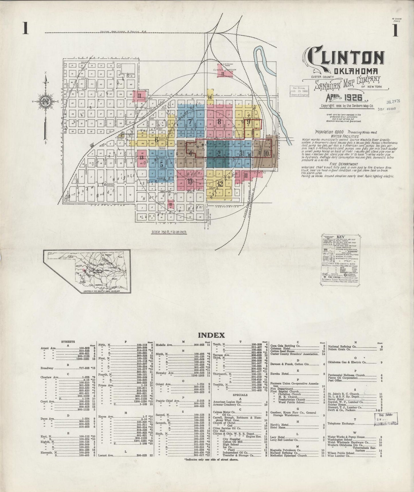 Sanborn Fire Insurance Map from Clinton, Custer County, Oklahoma (1926), Sheet #0001 - Complete Map Set gallery image, historic Sanborn map, vintage wall art, Oklahoma Oklahoma