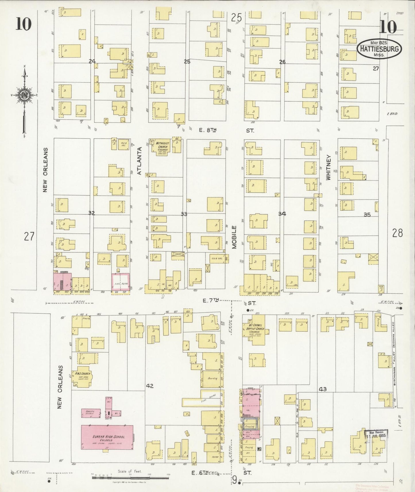 Sanborn Fire Insurance Map from Hattiesburg, Forrest County, Mississippi (1925), Sheet #0010 - Complete Map Set gallery image, historic Sanborn map, vintage wall art, Mississippi Mississippi