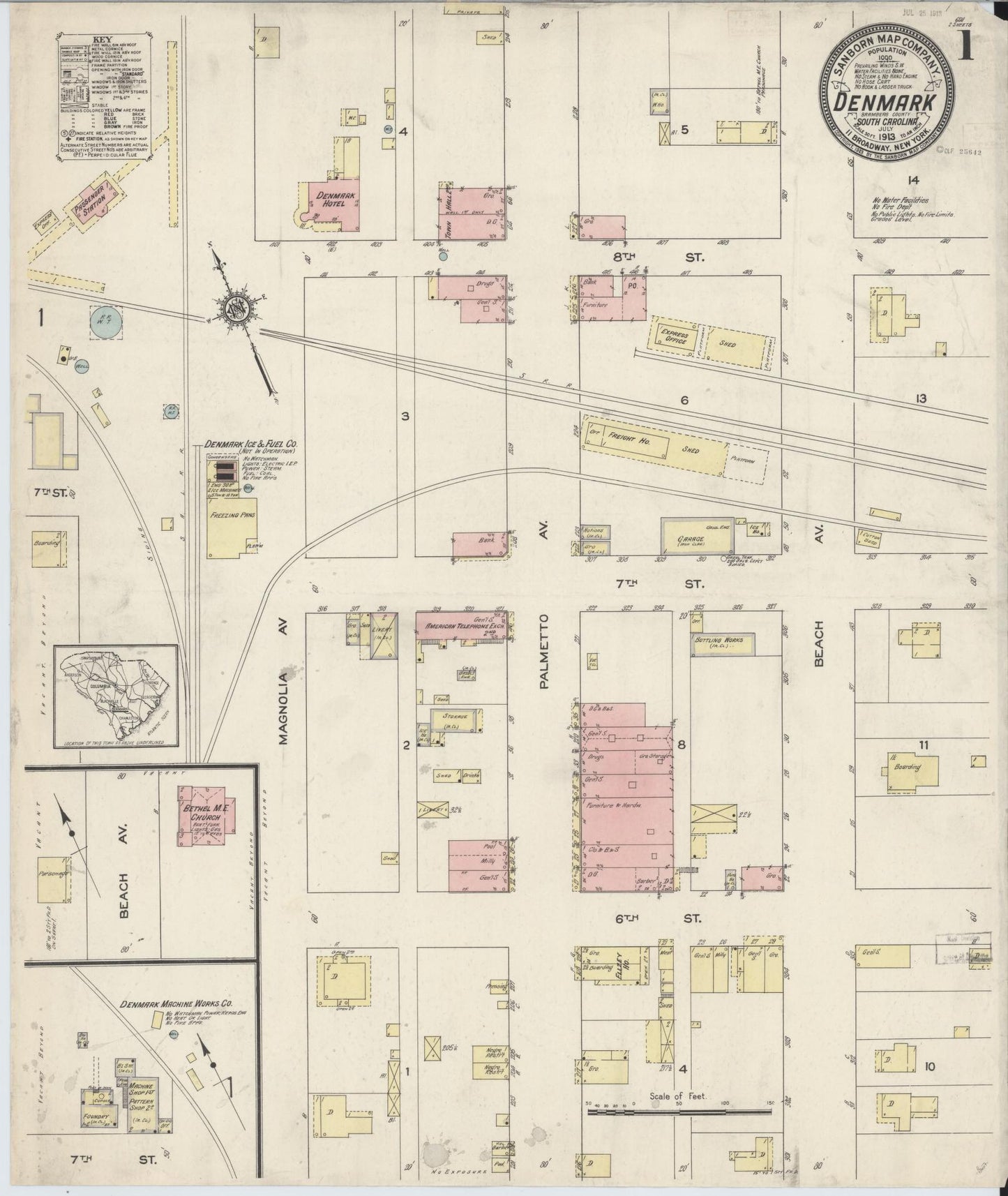Sanborn Fire Insurance Map from Denmark, Bamberg County, South Carolina (1913), Sheet #0001 - Historic Sanborn Fire Insurance Map Print, vintage old map wall art, antique decor, genealogy gift, South Carolina South Carolina map