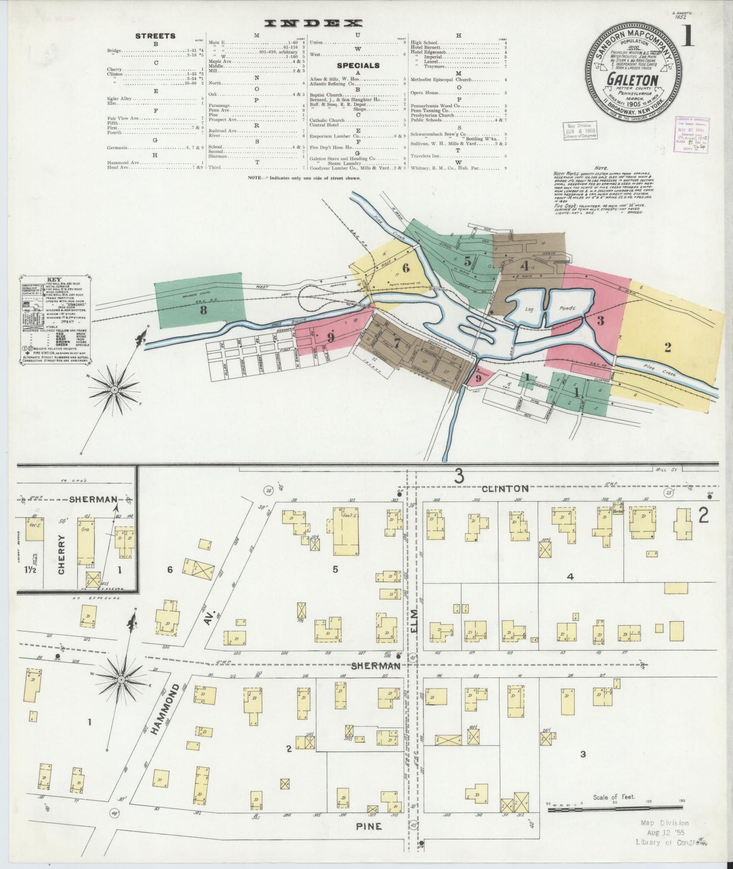 Sanborn Fire Insurance Map from Galeton, Potter County, Pennsylvania (1905), Sheet #0001 - Historic Sanborn Fire Insurance Map Print, vintage old map wall art, antique decor, genealogy gift, Pennsylvania Pennsylvania map