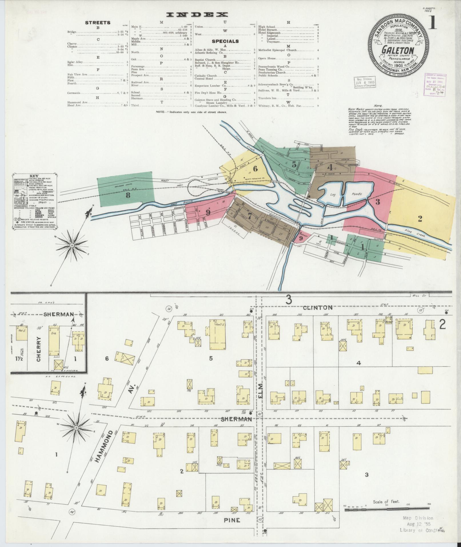 Sanborn Fire Insurance Map from Galeton, Potter County, Pennsylvania (1905), Sheet #0001 - Historic Sanborn Fire Insurance Map Print, vintage old map wall art, antique decor, genealogy gift, Pennsylvania Pennsylvania map