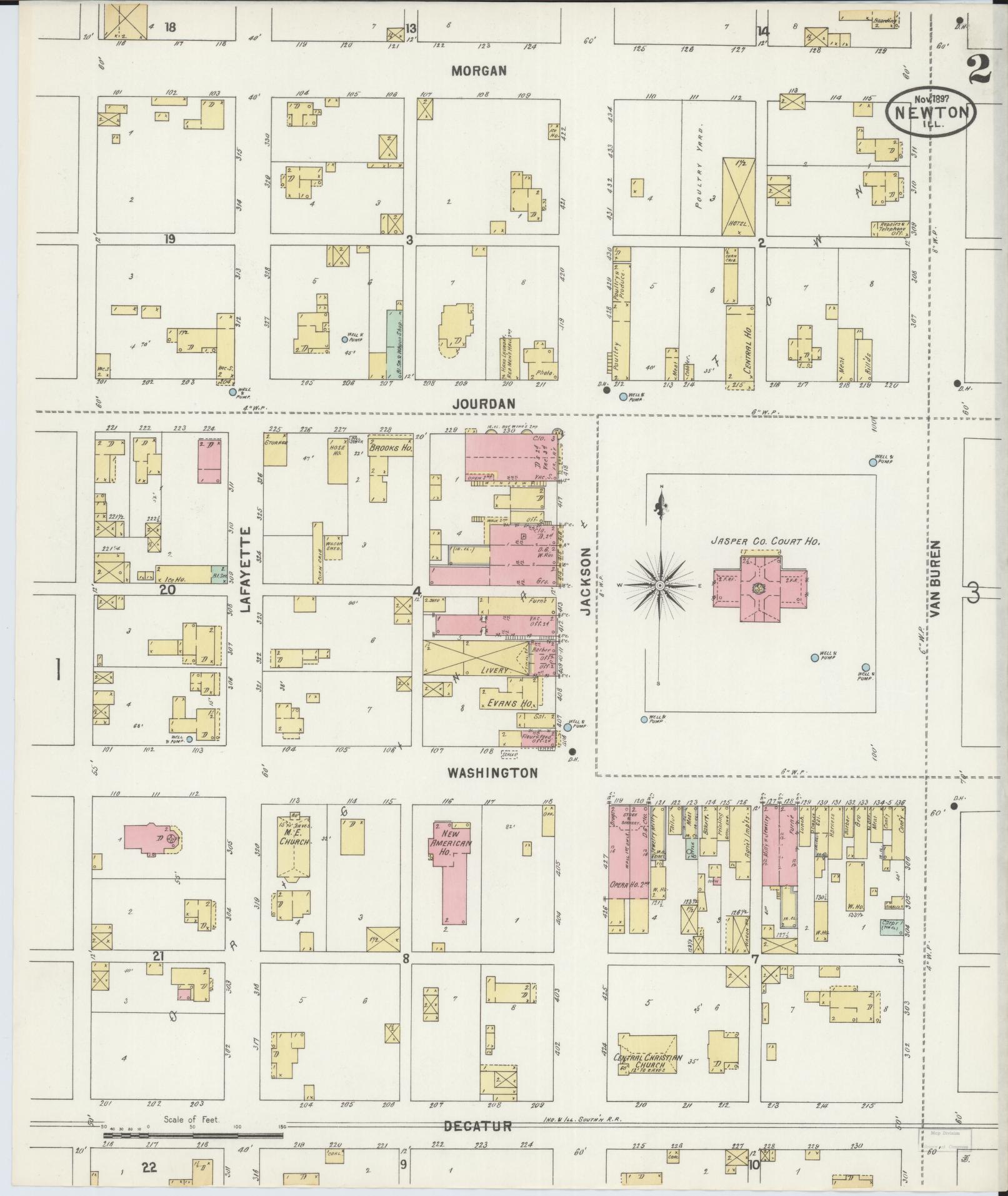 Sanborn Fire Insurance Map from Newton, Jasper County, Illinois (1897), Sheet #0002 - Complete Map Set gallery image, historic Sanborn map, vintage wall art, Illinois Illinois