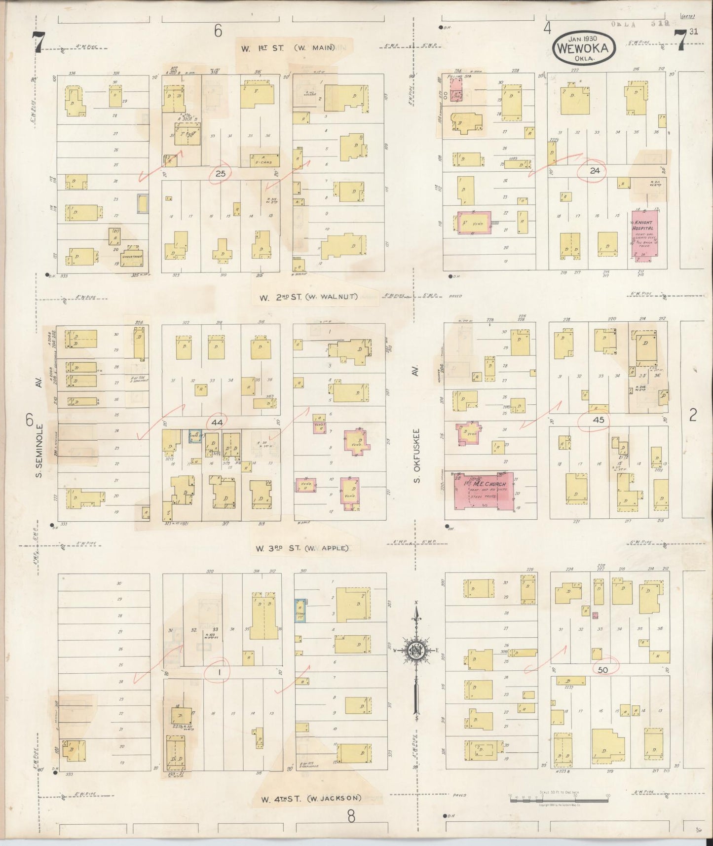 Sanborn Fire Insurance Map from Wewoka, Seminole County, Oklahoma (1945), Sheet #0007 - Complete Map Set gallery image, historic Sanborn map, vintage wall art, Oklahoma Oklahoma