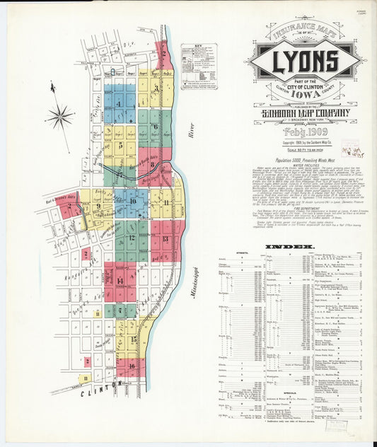 Sanborn Fire Insurance Map from Lyons, Clinton County, Iowa (1909), Sheet #0001 - Historic Sanborn Fire Insurance Map Print, vintage old map wall art