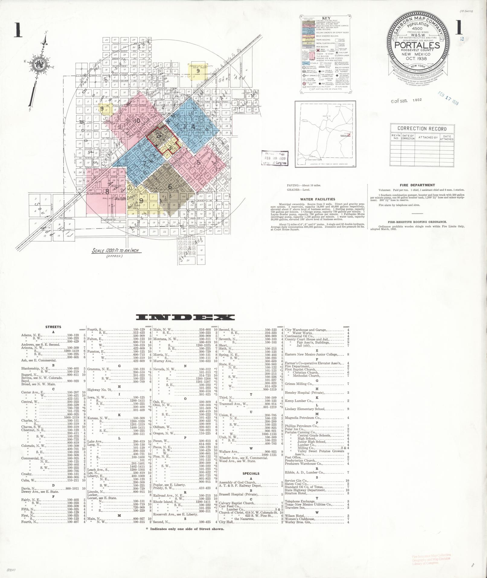 Sanborn Fire Insurance Map from Portales, Roosevelt County, New Mexico (1938), Sheet #0001 - Historic Sanborn Fire Insurance Map Print, vintage old map wall art, antique decor, genealogy gift, New Mexico New Mexico map