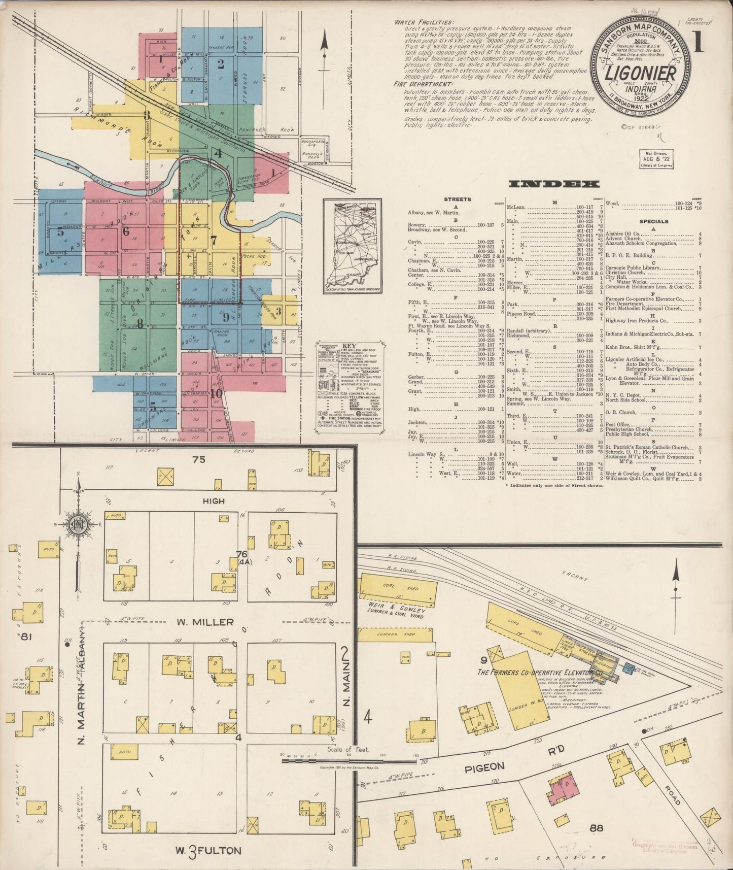 Sanborn Fire Insurance Map from Ligonier, Noble County, Indiana (1922), Sheet #0001 - Complete Map Set gallery image, historic Sanborn map, vintage wall art, Indiana Indiana