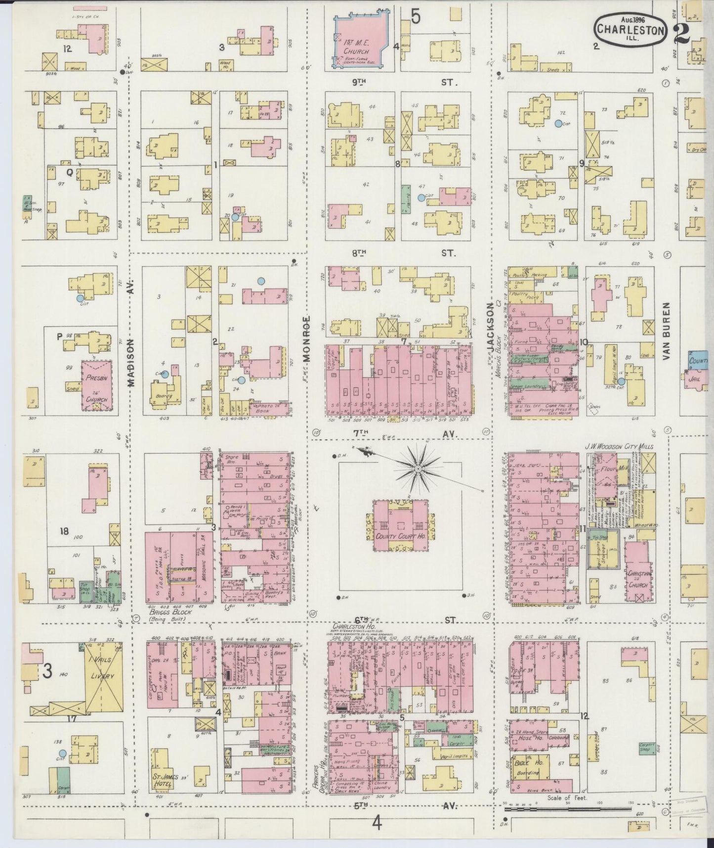 Sanborn Fire Insurance Map from Charleston, Coles County, Illinois (1896), Sheet #0002 - Complete Map Set gallery image, historic Sanborn map, vintage wall art, Illinois Illinois