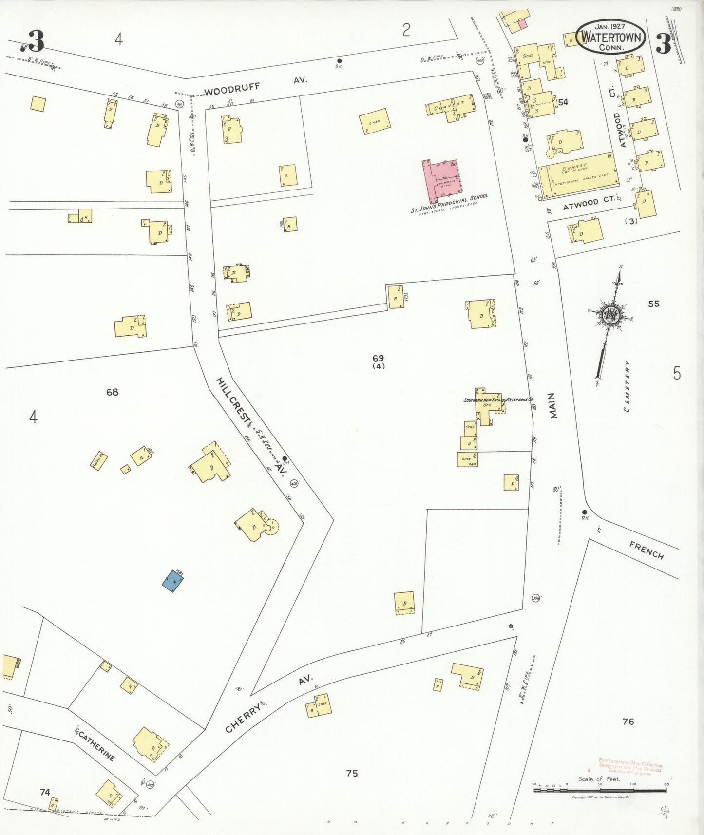 Sanborn Fire Insurance Map from Watertown, Litchfield County, Connecticut (1927), Sheet #0003 - Complete Map Set gallery image, historic Sanborn map, vintage wall art, Connecticut Connecticut