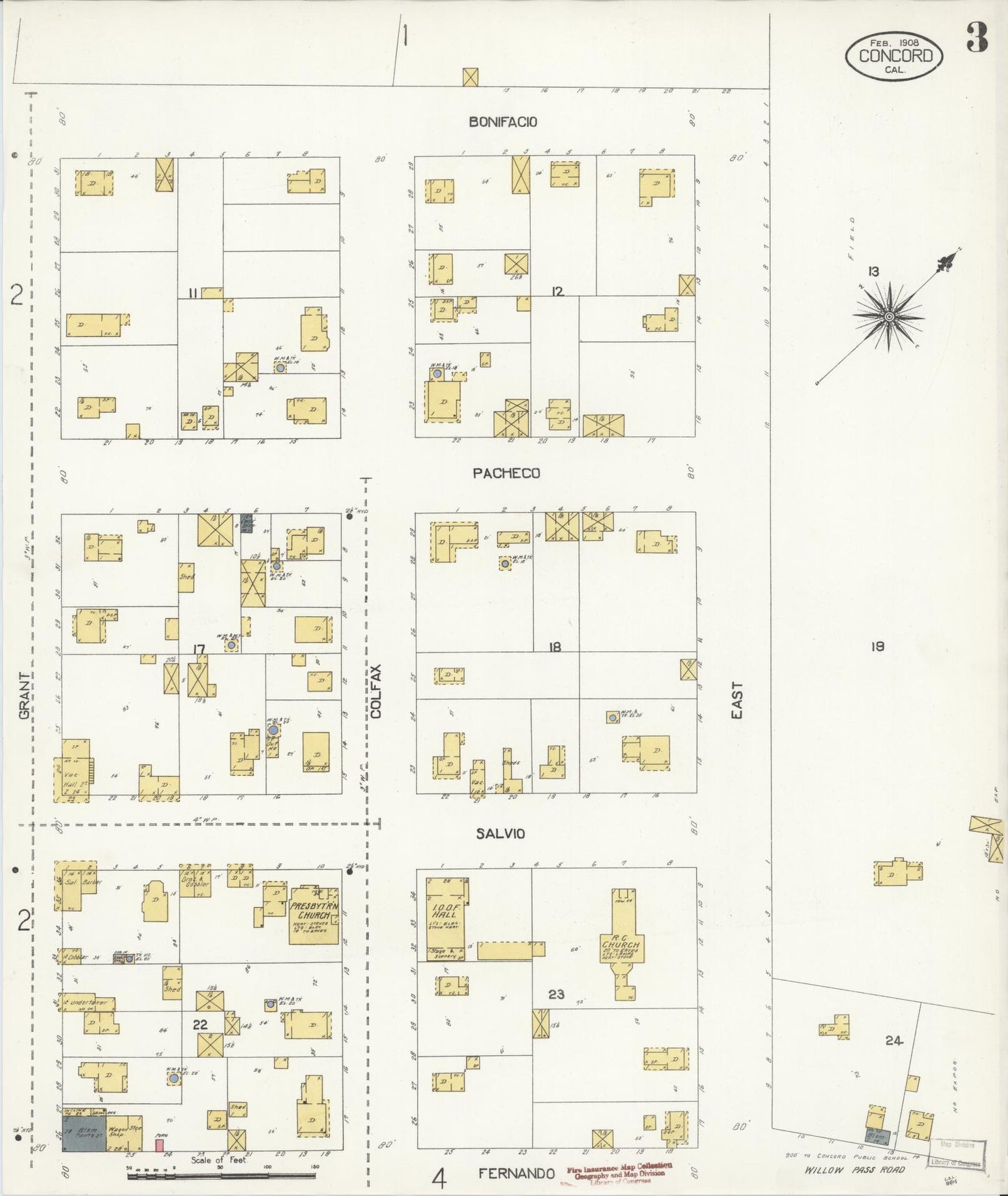 Sanborn Fire Insurance Map from Concord, Contra Costa County, California (1908), Sheet #0003 - Complete Map Set gallery image, historic Sanborn map, vintage wall art, California California
