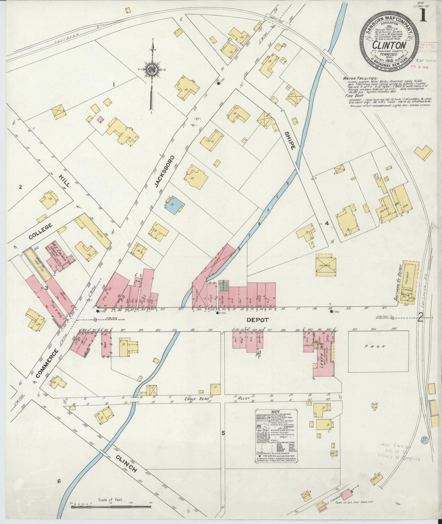 Sanborn Fire Insurance Map from Clinton, Anderson County, Tennessee (1910), Sheet #0001 - Historic Sanborn Fire Insurance Map Print, vintage old map wall art, antique decor, genealogy gift, Tennessee Tennessee map