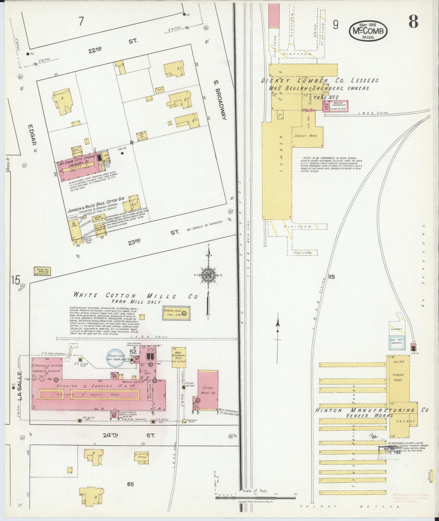 Sanborn Fire Insurance Map from McComb, Pike County, Mississippi (1918), Sheet #0008 - Complete Map Set gallery image, historic Sanborn map, vintage wall art, Mississippi Mississippi