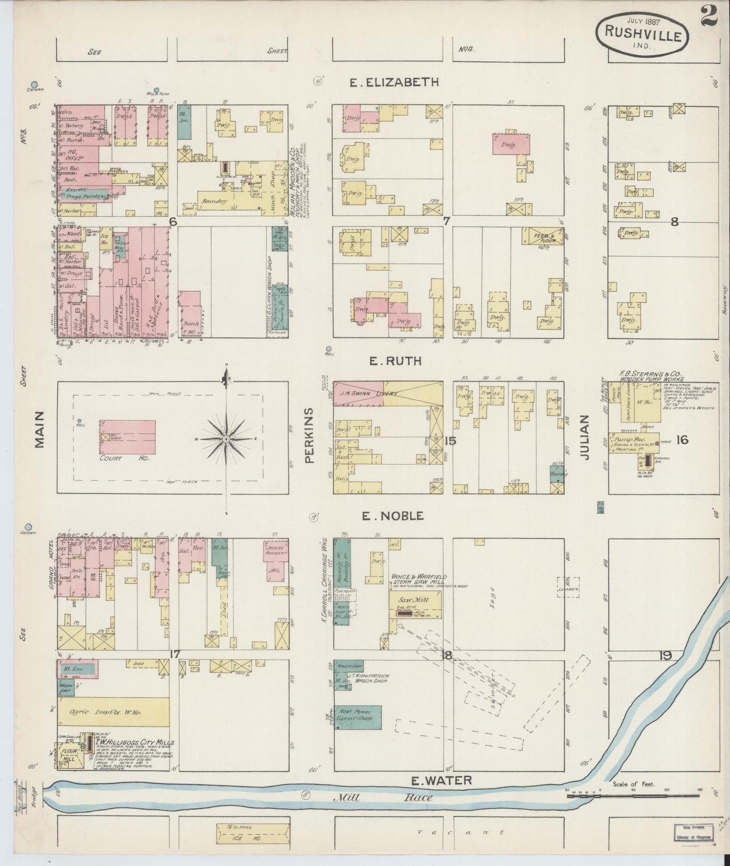 Sanborn Fire Insurance Map from Rushville, Rush County, Indiana (1887), Sheet #0002 - Historic Sanborn Fire Insurance Map Print, vintage old map wall art, antique decor, genealogy gift, Indiana Indiana map