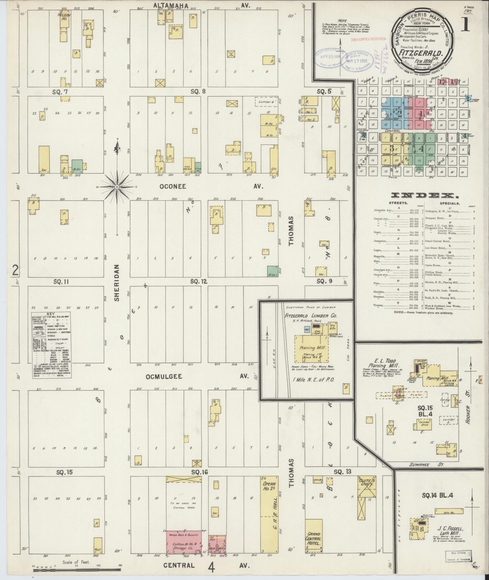 Sanborn Fire Insurance Map from Fitzgerald, Ben Hill County, Georgia (1898), Sheet #0001 - Historic Sanborn Fire Insurance Map Print, vintage old map wall art, antique decor, genealogy gift, Georgia Georgia map