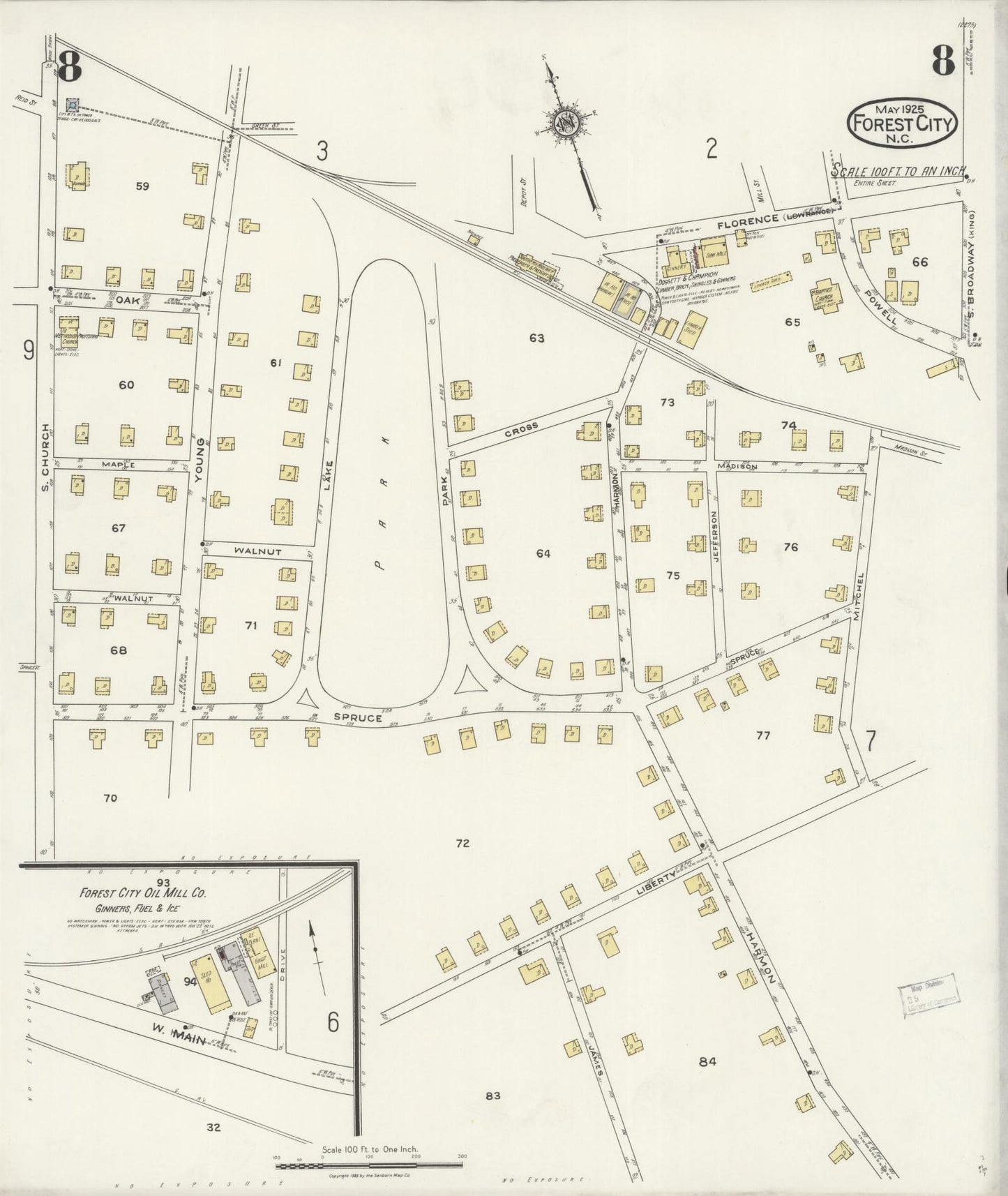 Sanborn Fire Insurance Map from Forest City, Rutherford County, North Carolina (1925), Sheet #0008 - Complete Map Set gallery image, historic Sanborn map, vintage wall art, North Carolina North Carolina