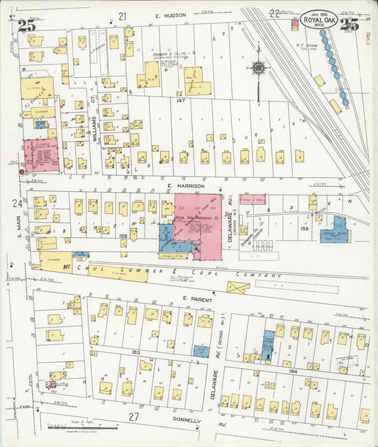 Sanborn Fire Insurance Map from Royal Oak, Oakland County, Michigan (1926), Sheet #0025 - Historic Sanborn Fire Insurance Map Print, vintage old map wall art, antique decor, genealogy gift, Michigan Michigan map