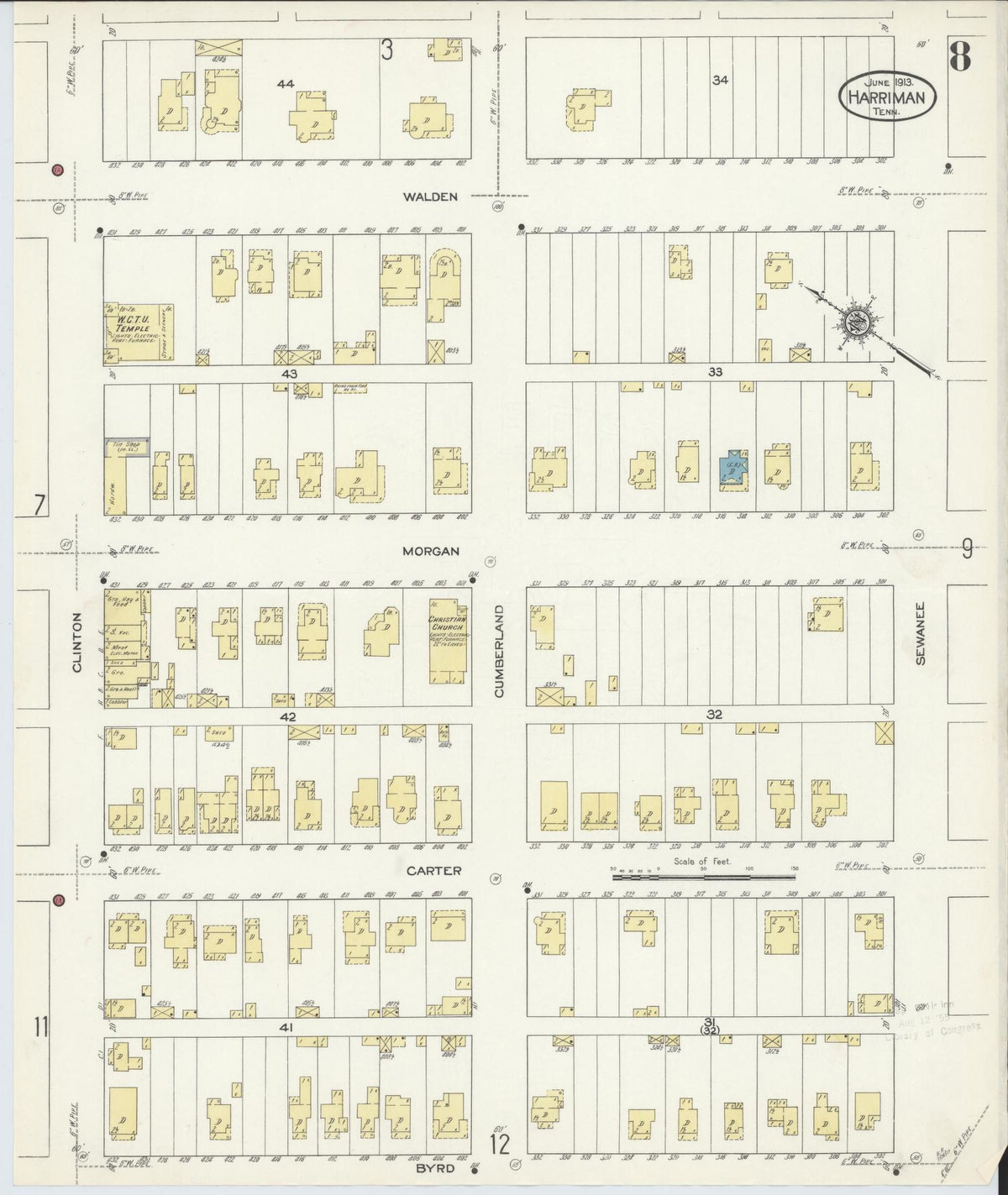 Sanborn Fire Insurance Map from Harriman, Roane County, Tennessee (1913), Sheet #0008 - Complete Map Set gallery image, historic Sanborn map, vintage wall art, Tennessee Tennessee