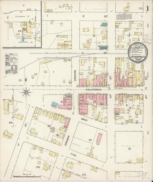 Sanborn Fire Insurance Map from Jacksonville, Jackson County, Oregon (1892), Sheet #0001 - Historic Sanborn Fire Insurance Map Print, vintage old map wall art, antique decor, genealogy gift, Oregon Oregon map
