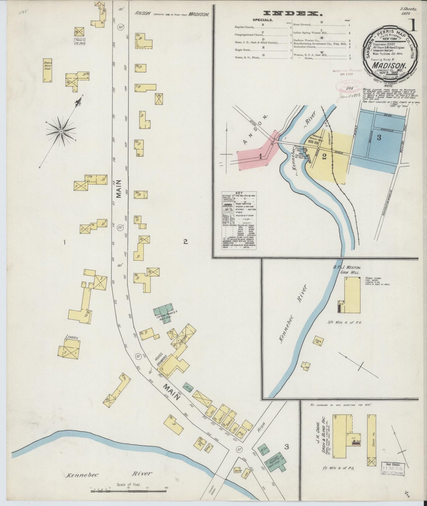 Sanborn Fire Insurance Map from Madison, Somerset County, Maine (1892), Sheet #0001 - Complete Map Set gallery image, historic Sanborn map, vintage wall art, Maine Maine