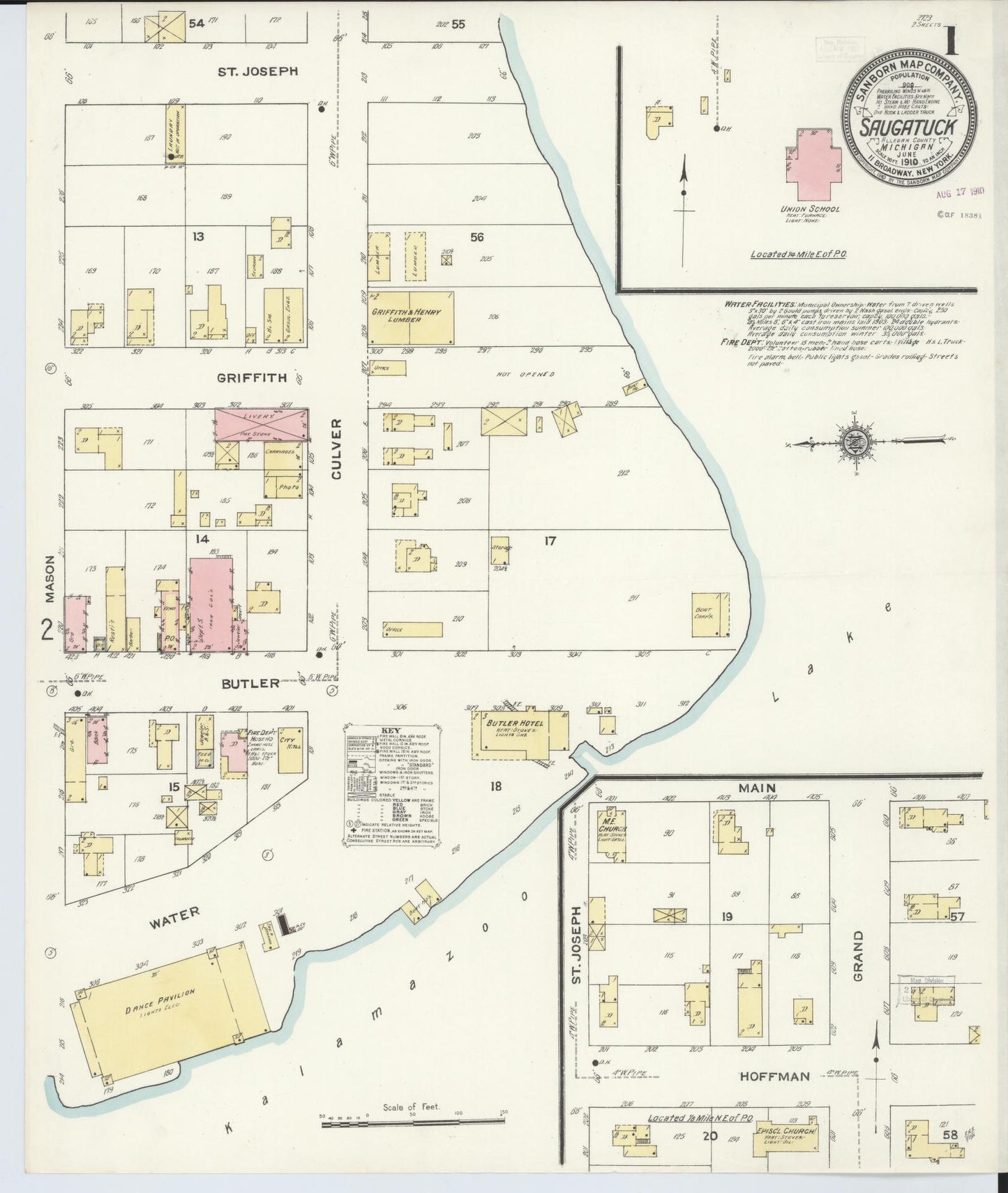 Sanborn Fire Insurance Map from Saugatuck, Allegan County, Michigan (1910), Sheet #0001 - Complete Map Set gallery image, historic Sanborn map, vintage wall art, Michigan Michigan