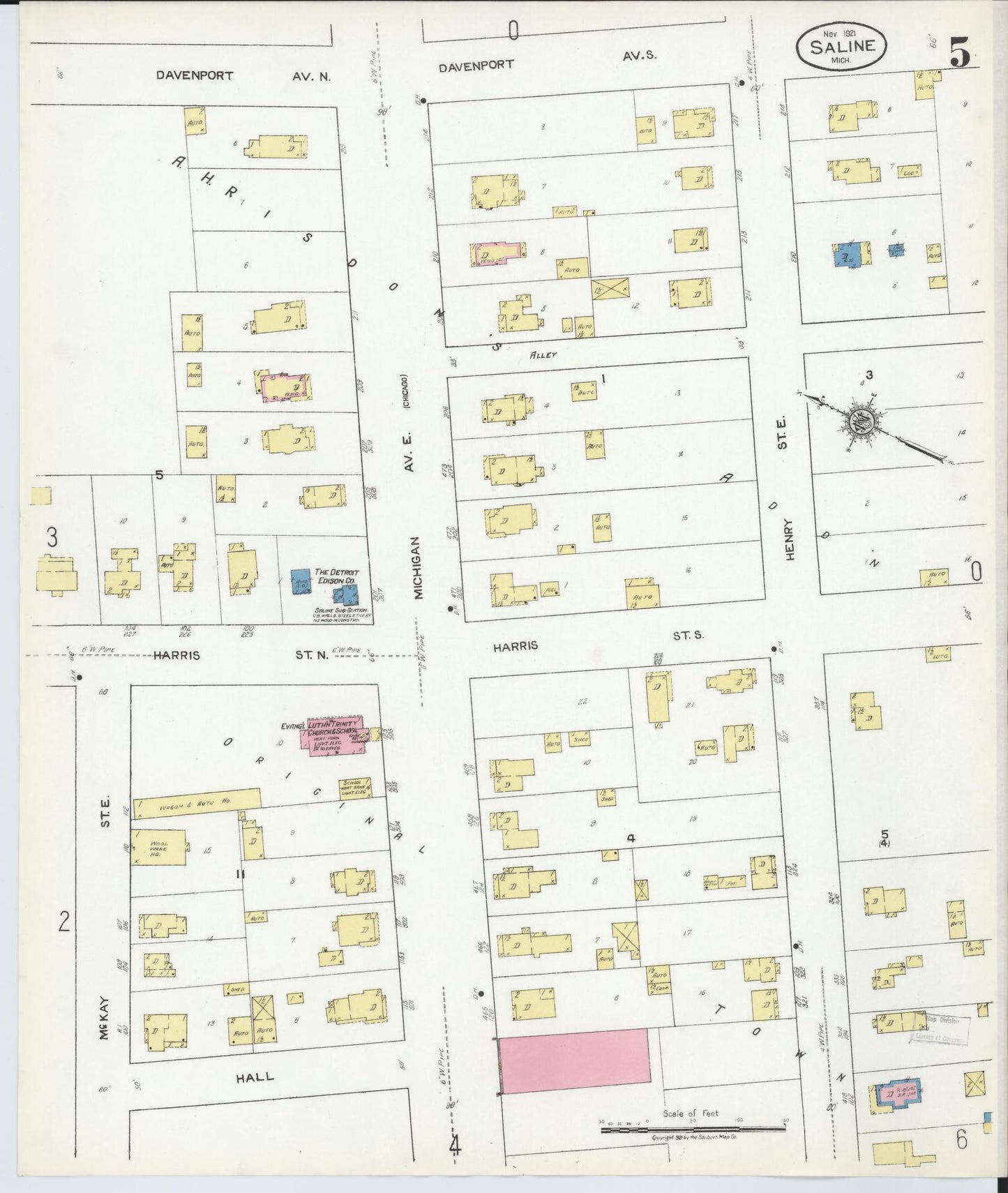 Sanborn Fire Insurance Map from Saline, Washtenaw County, Michigan (1921), Sheet #0005 - Complete Map Set gallery image, historic Sanborn map, vintage wall art, Michigan Michigan