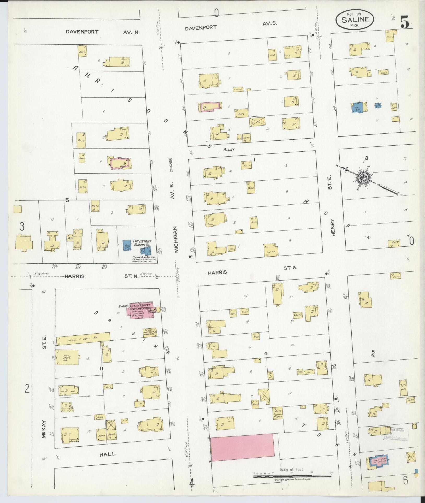 Sanborn Fire Insurance Map from Saline, Washtenaw County, Michigan (1921), Sheet #0005 - Complete Map Set gallery image, historic Sanborn map, vintage wall art, Michigan Michigan