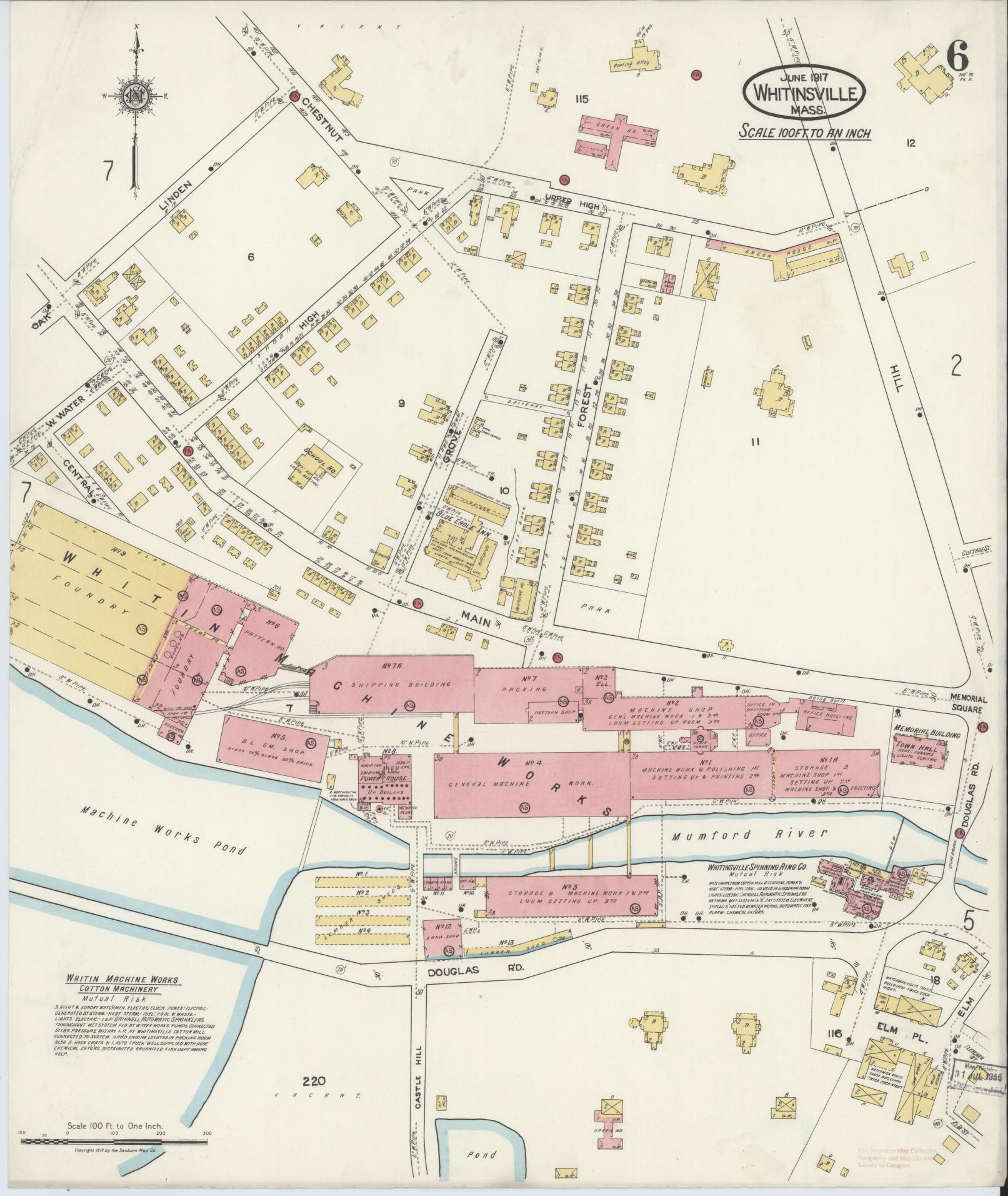 Sanborn Fire Insurance Map from Whitinsville, Worcester County, Massachusetts (1917), Sheet #0006 - Historic Sanborn Fire Insurance Map Print, vintage old map wall art, antique decor, genealogy gift, Massachusetts Massachusetts map